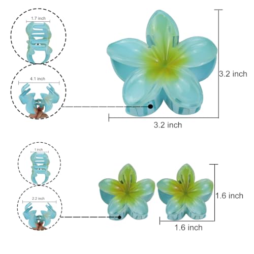Flower Hair Claw Clip Set,1 Pc Large and 2 Pcs Small Hawaiian Plumeria Claw Clips,Beach Tropical Hair Accessories for Women (Blue) - color: Blue