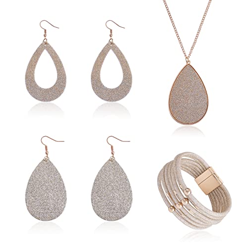 Ornaland 4 Pcs Leather Earrings Necklace Bracelet Set Print Earrings Faux Leather Necklace Multi-Layer Bracelet Jewelry Set Gifts for Women - color: A5