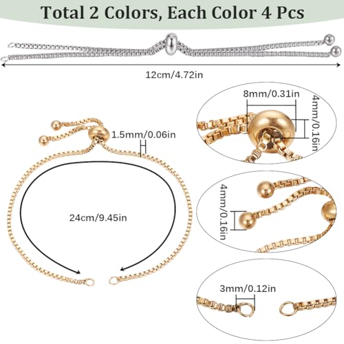 SUNNYCLUE 1 Box 8Pcs Slider Bracelet Chains 304 Stainless Steel Slider Bracelets Bulk Adjustable Extender Chain for Jewelry Making DIY Crafts Women Supplies - color: Mixed Color Box Chain, Round Ball End