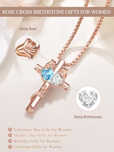 Rose Gold Cross Necklace with 2 Birthstones and Rose | Cross with Birthstone Necklace, Hypoallergenic, Adjustable Rolo Chain, Birthday Gifts, Catholic Christian Religious Jewelry - color: 03-04-Mar-Apr Birthstone