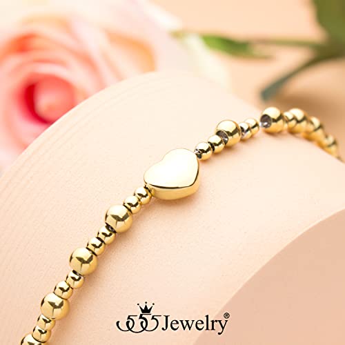 555Jewelry Stainless Steel Beads & Puffed Heart Charm Bracelet for Women & Ladies - color: Gold