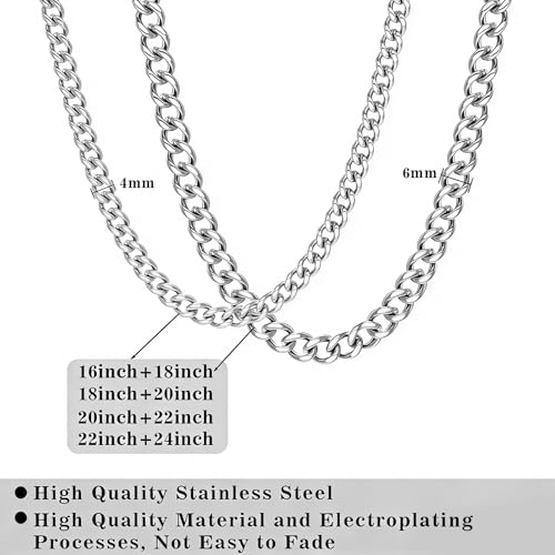 2PCS Cuban Link Chain Set for Men - Gold/Silver Plated Stainless Steel Layered Chain Necklace Non-Tarnish Jewelry Gift - color: Silver, size: 22inch+24inch