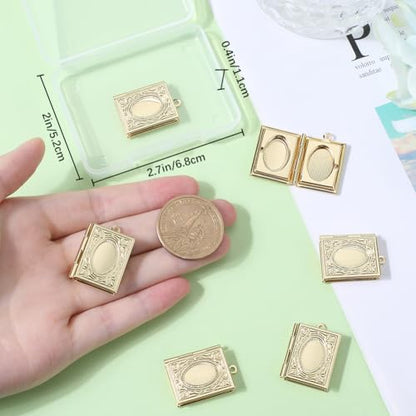 Beebeecraft 1 Box 6Pcs Book Photo Frame Charms 18K Gold Plated Religious Bible Floating Locket Necklace Pendants Charms for DIY Living Memory Necklace Making 26x19x4.5mm, Hole 1.8mm