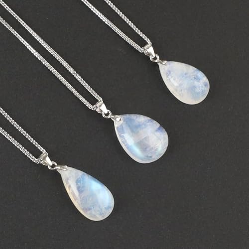 iSTONE 925 Sterling Silver Natural Crytral for Womens Pendant Necklace, Gemstone Birthstone with 17.8" Silver Chain Ladies - color: Moon Stone-teardrop