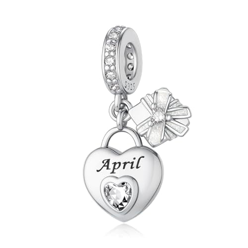 925 Sterling Silver Birthstone Charms Fit for Bracelet and Necklace Happy Birthday Charm Mother's Day Jewelry Gift for Women - color: 4-April