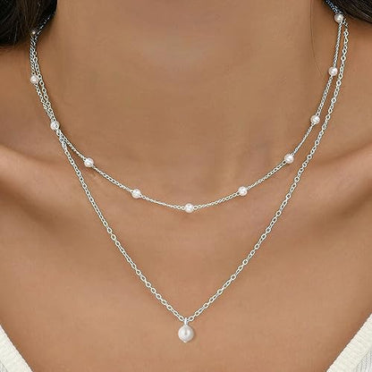 Gold Pearl Necklace For Women - 14K Gold Plated Layered Herringbone Chain Pearl Necklace, Trendy Simple Gold Jewelry Gift - color: Layered Satellite Pearl-Silver