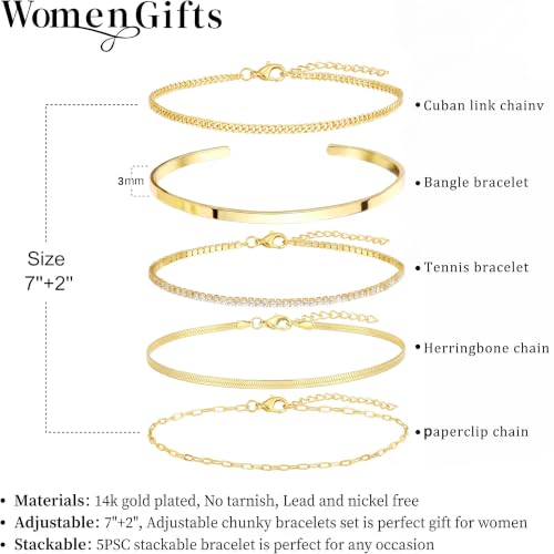 Dainty Gold Bracelet for Women Trendy Non Tarnish, Thin Bracelets Stackable Set with Bangle Cuff, Box, Herringbone, Paperclip, Figaro, Sparkling Link Chains Waterproof, Simple Jewelry Gifts for Women - color: Gold-tennis/cuban/bangle/paperclip/snake