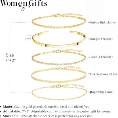 Dainty Gold Bracelet for Women Trendy Non Tarnish, Thin Bracelets Stackable Set with Bangle Cuff, Box, Herringbone, Paperclip, Figaro, Sparkling Link Chains Waterproof, Simple Jewelry Gifts for Women - color: Gold-tennis/cuban/bangle/paperclip/snake