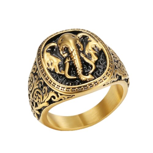 Men's Silver Gold Elephant Head Ring Stainless Steel Biker Band | Religious Engraved Chunky Signet Band for Men, Elephant Animal Lucky Ring, Retro Amulet Jewelry Gift for Him - color: Gold