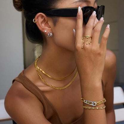 Tiny Ball Tassel Dangle Stacking Thin Band Ring for Women - 18K Golden Plated Stainless Steel Hanging Round Beads Chain Statement Knuckle Finger Rings Band Fashion Birthday Jewelry Size 7 - color: Gold