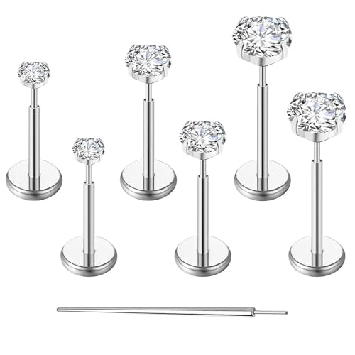 Gotumo 20G Flat Back Earrings Stud G23 Titanium Threadless Tragus Labret Cartilage Lip Medusa Conch Body Piercing Jewelry Hypoallergenic for Women Men - color: Silver 20G Bar-6/7/8mm&CZ-2/3/4mm