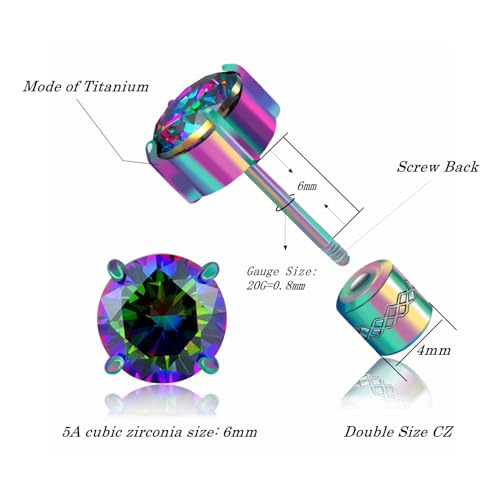 Titanium Flat Back Surgical Stainless Steel Stud Earrings for Women Men,Birthstone Stud Earrings Hypoallergenic Double Side 5A Cubic Zirconia Studs Jewelry 6mm - color: Colorful-Rainbow CZ