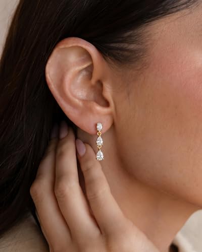 Dangle Earrings for Women - 14K Gold/White Gold/Rose Gold Plated Butterfly Heart Star Hoop Chain Long Tassel Cubic Zirconia CZ Dangle Earrings - color: gold teardrop