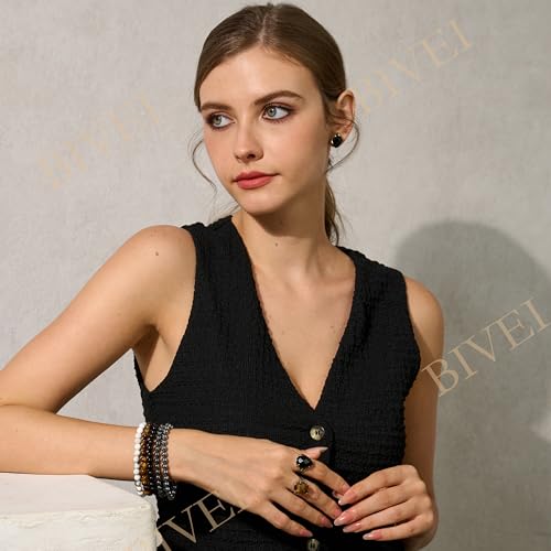 Bivei 6mm Beaded Bracelets for Women Handmade Semi Precious Natural Stone Stretch Elastic Jewelry Yoga Protection Gifts - color: Black Obsidian - Strength, size: Large 8-8.27 inch