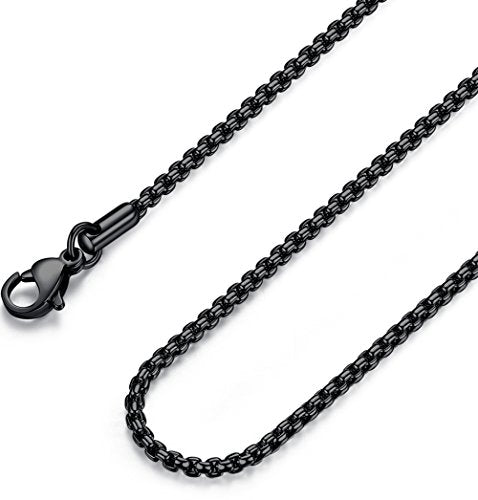 FOSIR Mens Womens Stainless Steel Black Rolo Cable Chain Necklace, Round Box Chains for Men, 2/3/4/5mm Width - size: 16.0 Inches long, style: 2mm wide-stainless steel