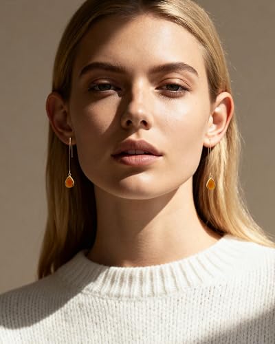 Long 14K Gold Plated Brown Teardrop Stone Dangle and Drop Vintage Earrings Crystal Lightweight Earrings for Women