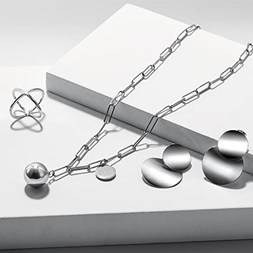 14K Gold Long Layered Chain Link Necklaces for Women Gold or Silver Harmony Ball Pendant Paperclip Necklace Adjustable Earth Map Chain Necklace - color: Silver