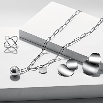14K Gold Long Layered Chain Link Necklaces for Women Gold or Silver Harmony Ball Pendant Paperclip Necklace Adjustable Earth Map Chain Necklace - color: Silver