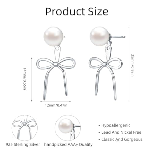 Gold Silver Pearl Earrings for Women - Hoop Earrings for Women Trendy 14K Gold Plated/Silver Twist Rope Bow Stud Bow Pearl Huggie Earring Hoops Pearls Dangle Cubic Zirconia Earring Jewelry Gift Womens - color: Silver bow