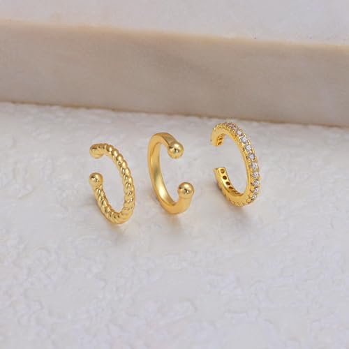 Carffordo 3Pcs Ear Cuffs Non Piercing for Women, Dainty Clip on Earrings | Trendy 14K Gold Plated Ear Cuff with Cubic Zirconia, Fake Piercing Cartilage Earrings, Lightweight Jewelry for Daily Wear - color: 01-Gold Ear Cuff