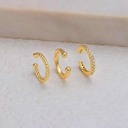 Carffordo 3Pcs Ear Cuffs Non Piercing for Women, Dainty Clip on Earrings | Trendy 14K Gold Plated Ear Cuff with Cubic Zirconia, Fake Piercing Cartilage Earrings, Lightweight Jewelry for Daily Wear - color: 01-Gold Ear Cuff