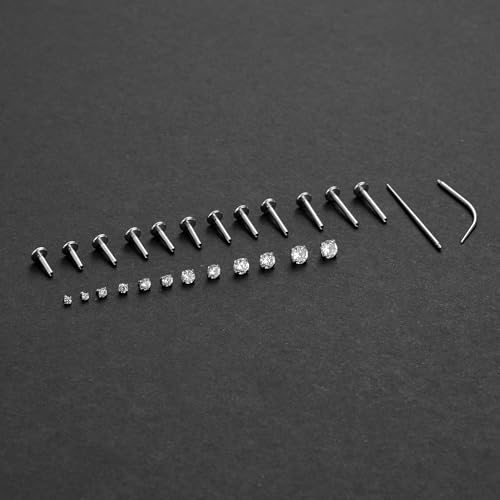 6Pairs 18K Gold Plated Internally Threaded Nose Piercing Studs Stainless Steel Lip Studs CZ Flat Back Stud Earrings Nostril Labret Conch Cartilage Earrings Helix Tragus 6/7/7/8/10/12mm 16G 18G - color: Silver, size: 16G