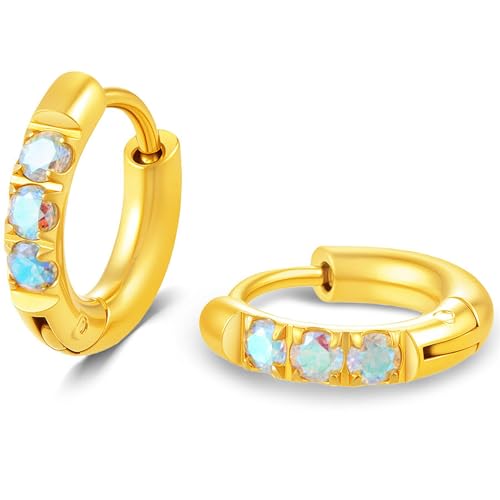 Hypoallergenic Unisex Surgical Steel Small Cubic Zirconia Huggie Hoop Earring, Color Gold - Silver - Rose Gold - Black - Rainbow, Size 6mm- 12mm Safe for Sensitive Ear - style: 6MM Gold Hoops, Aurora Borealis