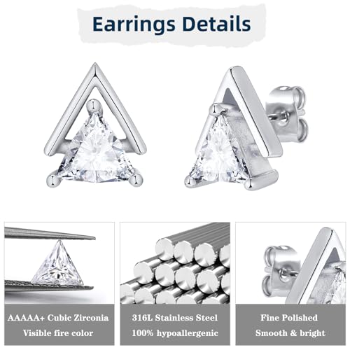 Unisex Geometric Triangle Stud Earrings, Stainless Steel Minimalist Cubic Zirconia Pierced Post Earrings for Men Women - style: Double Layer-Sliver
