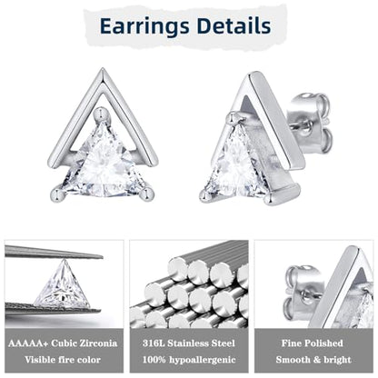 Unisex Geometric Triangle Stud Earrings, Stainless Steel Minimalist Cubic Zirconia Pierced Post Earrings for Men Women - style: Double Layer-Sliver