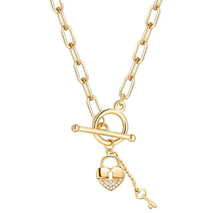 DoreenBeads 18K Gold Sun Moon Star Compass Pendant Necklace | Chunky Toggle Paperclip Chain Necklace with Heart Daisy Bee Charms for Women Girls 20 Inches - color: Padlock & Key