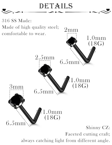 18G 20G 22G Stainless Surgical Steel Titanium Nose Rings Studs for Women L Shaped Nose Rings Screw Nose Studs Nostrial Piercing Jewelry for Women Men Silver Gold Black - style: 18G/Black CZ/L-shaped/Black