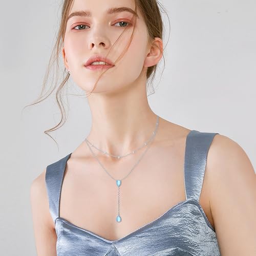 FLYOW Layered Necklace S925 Sterling Silver Y Shaped Jewelry - style: Double Teardrop Moonstones Layered Necklace