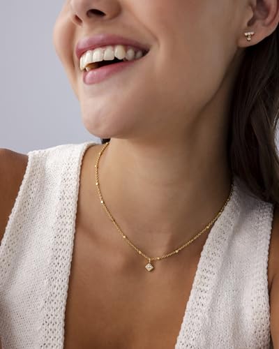 PAVOI 14K Gold Plated Dainty Bezel Set Solitaire Pendant Necklace for Women | Beaded Chain Necklace, Statement Necklace with Round, Princess, Marquise Cubic Zirconia Pendant - color: Yellow Gold, style: Princess