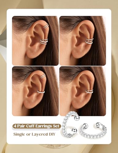 LOLIAS 4 Pairs Ear Cuffs Non Piercing - 14K Gold Plated Ear Cuff Earrings for Women Ear Cuff for Non Pierced Ears Clip on Cartilage Earring Adjustable Fake Earrings Set - style: CZ-White Gold Plated