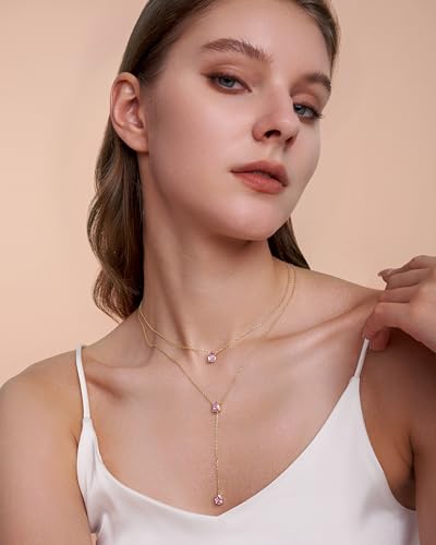 SNGIA Long 18K Gold Plated Blue Green Red Layered Pendant Necklace For Women (Emerald, Ruby, Seafoam, Sky, Sapphire, Pink), Dainty Birthstone Necklace, Statement Necklace Jewelry Gifts. - style: Rose