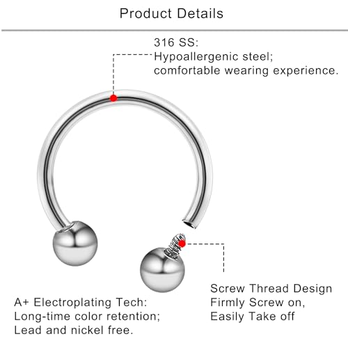 Lcolyoli 16g Septum Rings Internally Threaded Surgical Steel Septum Jewelry Lip Rings Hoop Labret Jewelry Horseshoe Earrings Daith Piercing Jewelry for Women Men - color: 16g,Inner diameter:8mm,silvertone