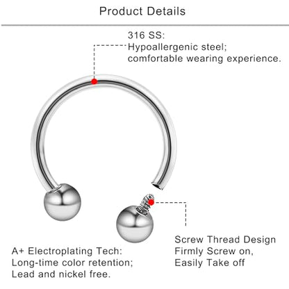 Lcolyoli 16g Septum Rings Internally Threaded Surgical Steel Septum Jewelry Lip Rings Hoop Labret Jewelry Horseshoe Earrings Daith Piercing Jewelry for Women Men - color: 16g,Inner diameter:8mm,silvertone