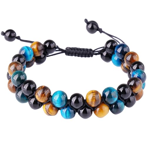 Triple Protection Bracelet,Bracelets for Men Women, Natural Tiger Eye Jewelry Stone Hematite and Blue Stone Hematite 8mm Crystal Bracelet - Adjustable Size with Premium Gift-Box - color: Blue-Brown-Black