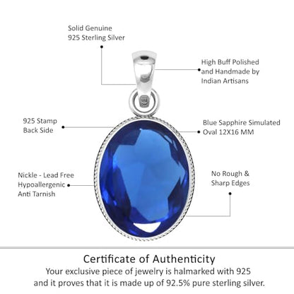 Chunky Natural Gemstone Pendant Necklace For Women Onyx, Turquoise, Amber, Garnet Oval Boho Genuine 925 Sterling Silver Handmade Jewelry - color: Blue Sapphire Simulated