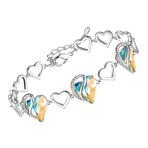 Leafael Infinity Love Heart Gift Bracelet for Women, Birthstone or Healing Stone Crystal, Silver Tone Birthday Jewelry for Her, Mom, and Wife, 7-inch Chain and 2-inch Extender - color: 04-April-Rainbow Opal White