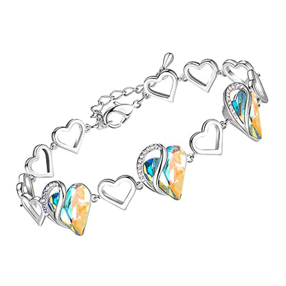 Leafael Infinity Love Heart Gift Bracelet for Women, Birthstone or Healing Stone Crystal, Silver Tone Birthday Jewelry for Her, Mom, and Wife, 7-inch Chain and 2-inch Extender - color: 04-April-Rainbow Opal White