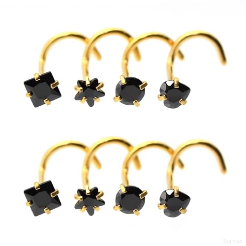8 Pcs-Pack, Crystal Nose Studs, 20G Stainless Steel, 3mm Zircon, Multiple Shapes Zircon Labret Nose Piercing Ear Jewelry - color: Black