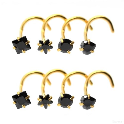 8 Pcs-Pack, Crystal Nose Studs, 20G Stainless Steel, 3mm Zircon, Multiple Shapes Zircon Labret Nose Piercing Ear Jewelry - color: Black