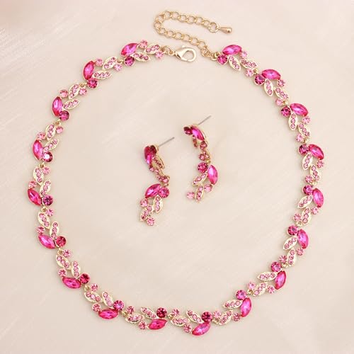 QLLYHLH Woman’s Brides Bridesmaid Leaf Choker Necklace Dangle Earrings Link Bracelet Austrian Crystal Wedding Jewelry Set Prom Costume Party Events | Brides, Bridesmaid, Prom, Events, Costume Party, Leaf - color: Fuchsia-Gold Plated