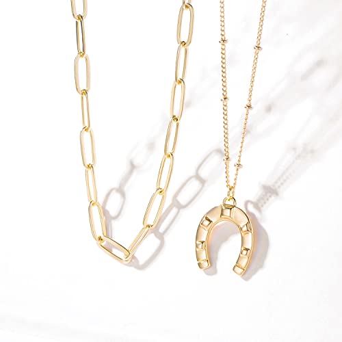 MEVECCO Dainty Pendant Layered Necklaces for Women | 18K Gold Plated Brass, 2-Piece Set With A Choker-Length Upper Layer, Wear Together Or Separately, Refined Everyday Style - style: Layer Horseshoe