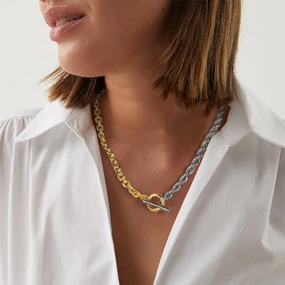 Wire Necklaces for Women, 2 Tone Link Chain Necklaces Circles Adjustable Necklaces Costume Jewelry for Women Gifts - color: Two-Tone