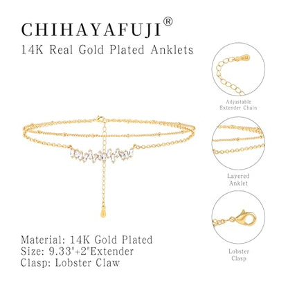 Sterling Silver Ankle for Bracelets Women 14K Gold Waterproof Layered Stackable Chain Sparkling Zircon Adjustable Non Tarnish Anklet Bracelet for Summer Beach Jewelry Gift - color: goldC