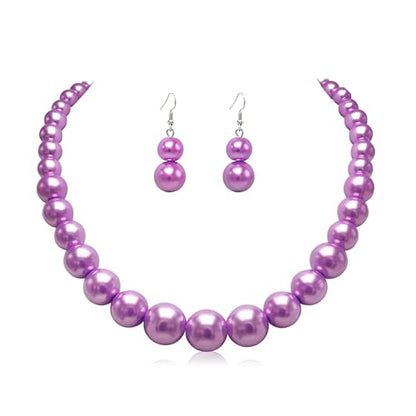 Cryshimmer Pearl Choker Necklace for Women Faux Pearl Beads Strand Necklace Earring Set Costume Jewelry,Gift for Wife Mother - color: Purple