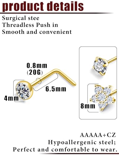 Prjndjw 20G Big Nose Stud Large Nose Studs Surgical Stainless Steel Straight Nose Studs 4mm CZ Paved CZ Nose Rings with 6-CZ Flower Ring for Women Men 11 Pieces - color: 4mm CZ Big 20G Gold-plated L-shaped Nose Stud