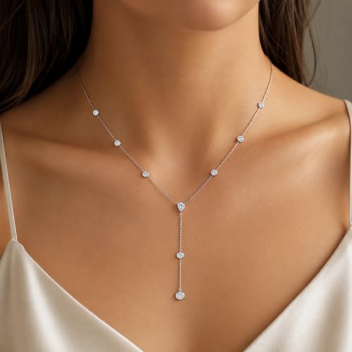 LANE WOODS Moissanite Lariat Necklace for Women, 925 Sterling Silver Y Necklace with Teardrop Pendant, Dainty Gold Plated Drop Necklace 16+2 Inch Adjustable Chain, Bridal Wedding Prom Jewelry - color: white gold
